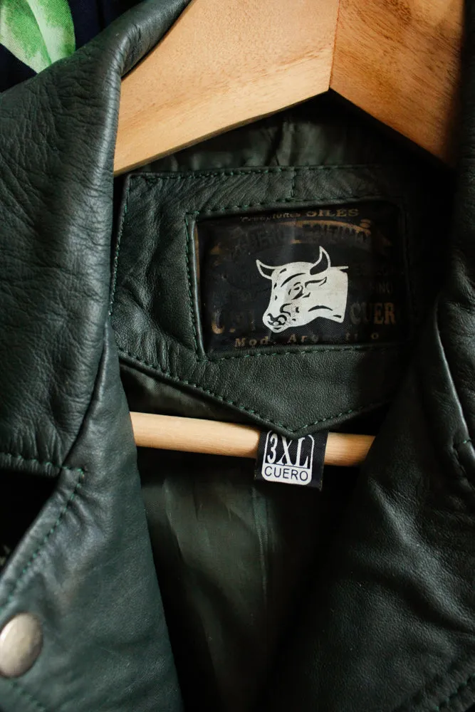 1990s Dark Green Leather Motorcycle Jacket - XS/S