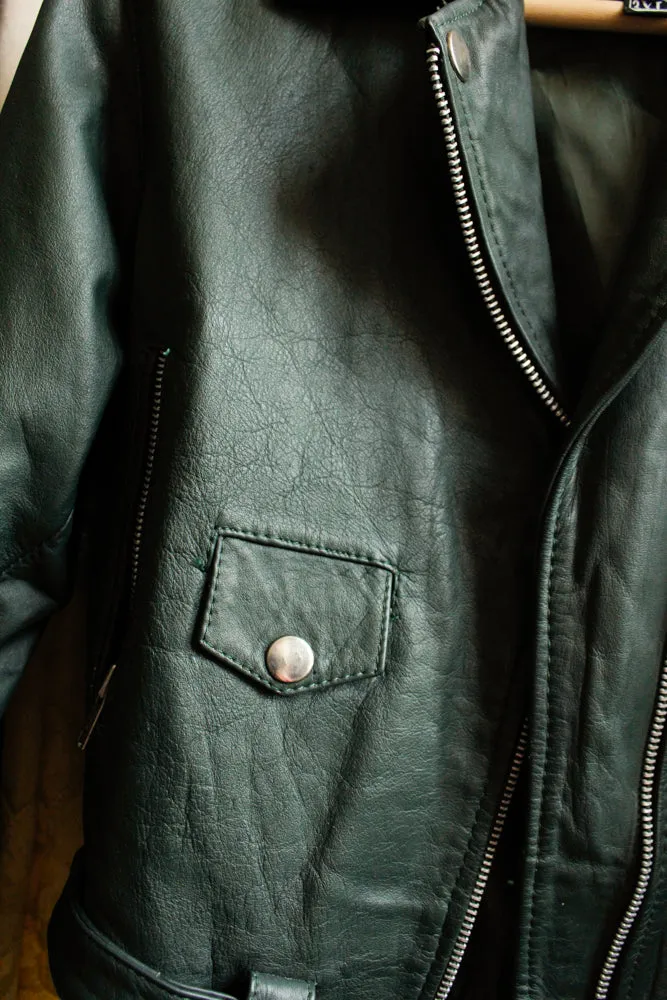 1990s Dark Green Leather Motorcycle Jacket - XS/S