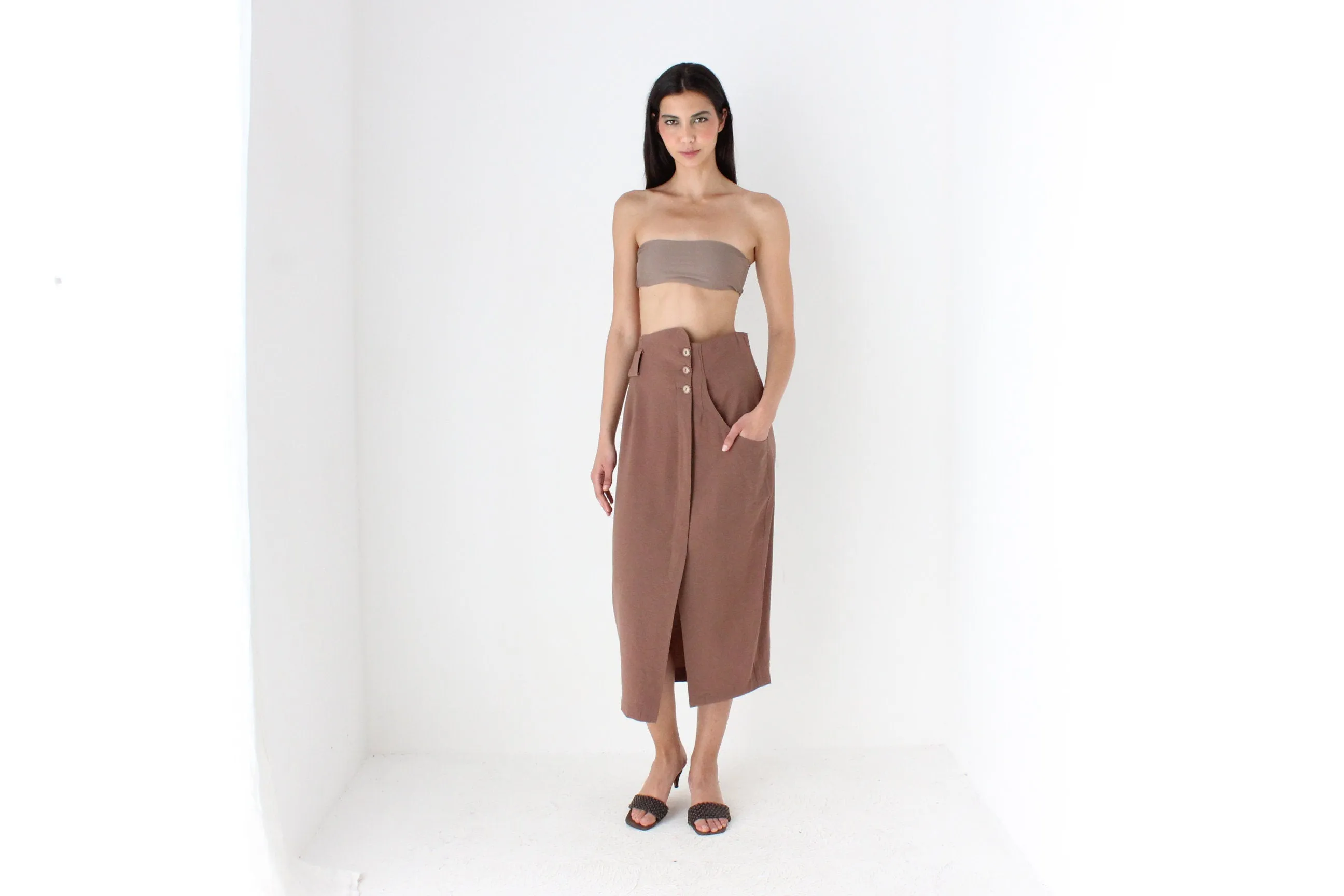 80s Surrealist Asymmetric Linen High Waist Midi Skirt