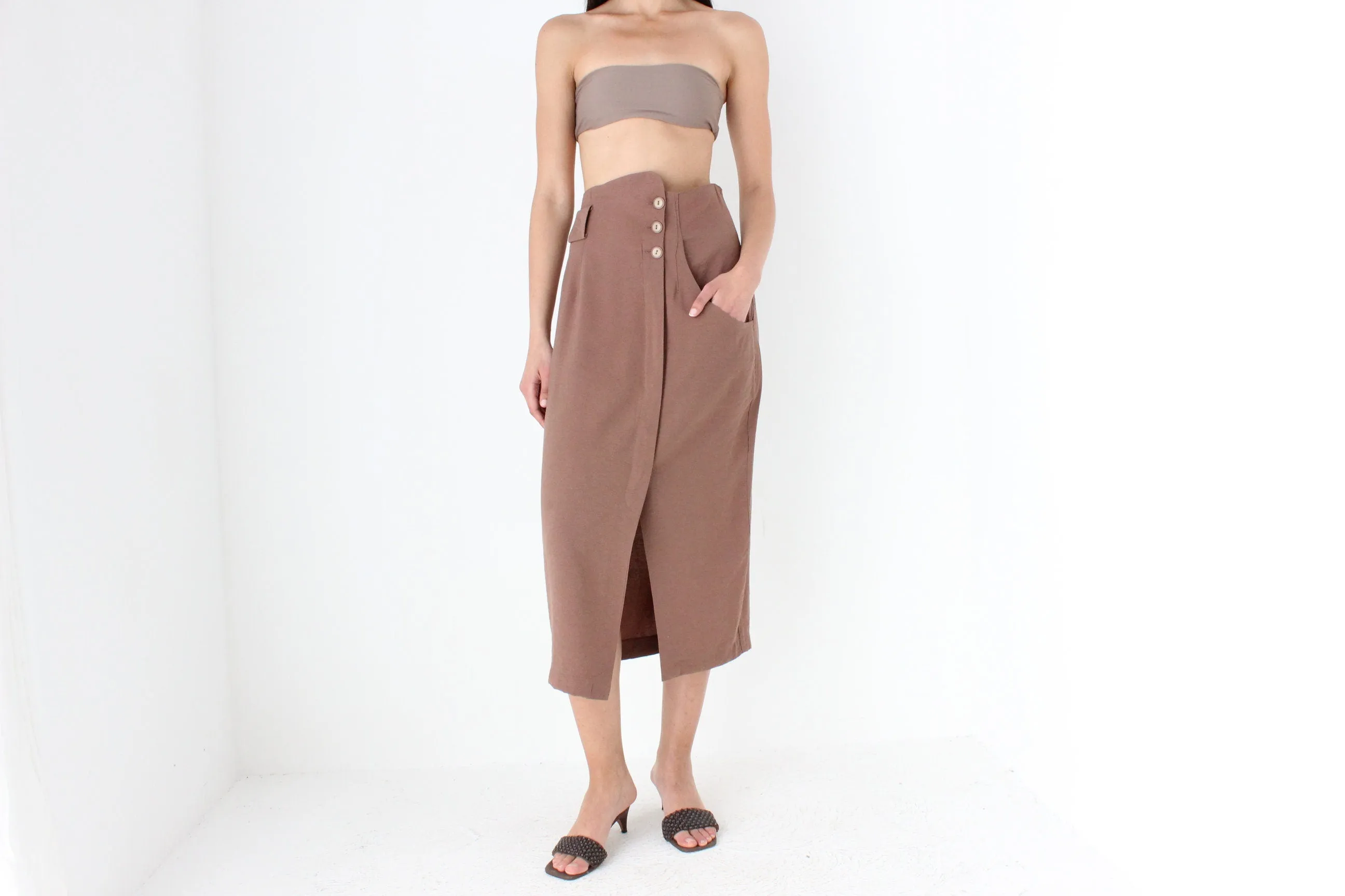 80s Surrealist Asymmetric Linen High Waist Midi Skirt