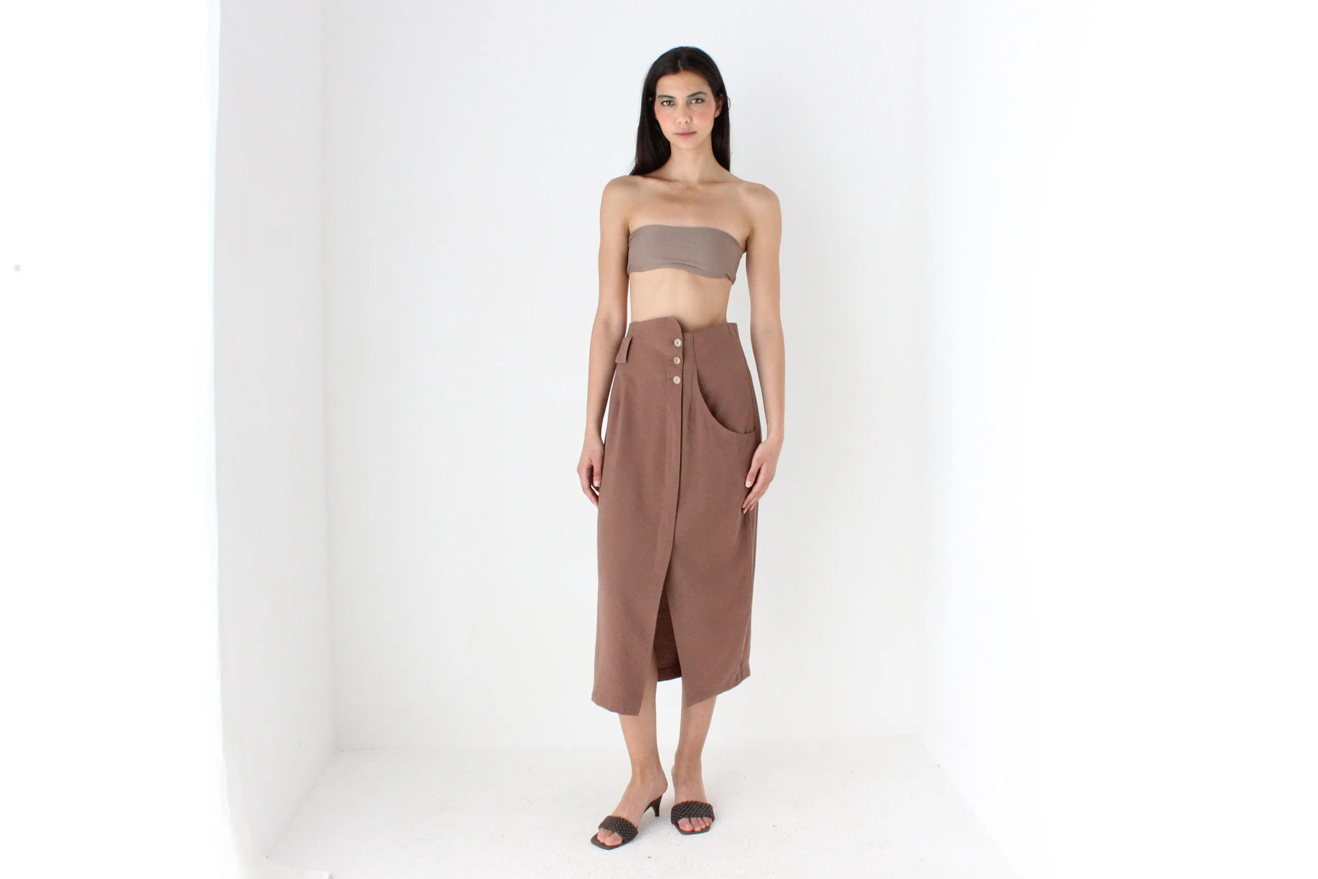 80s Surrealist Asymmetric Linen High Waist Midi Skirt
