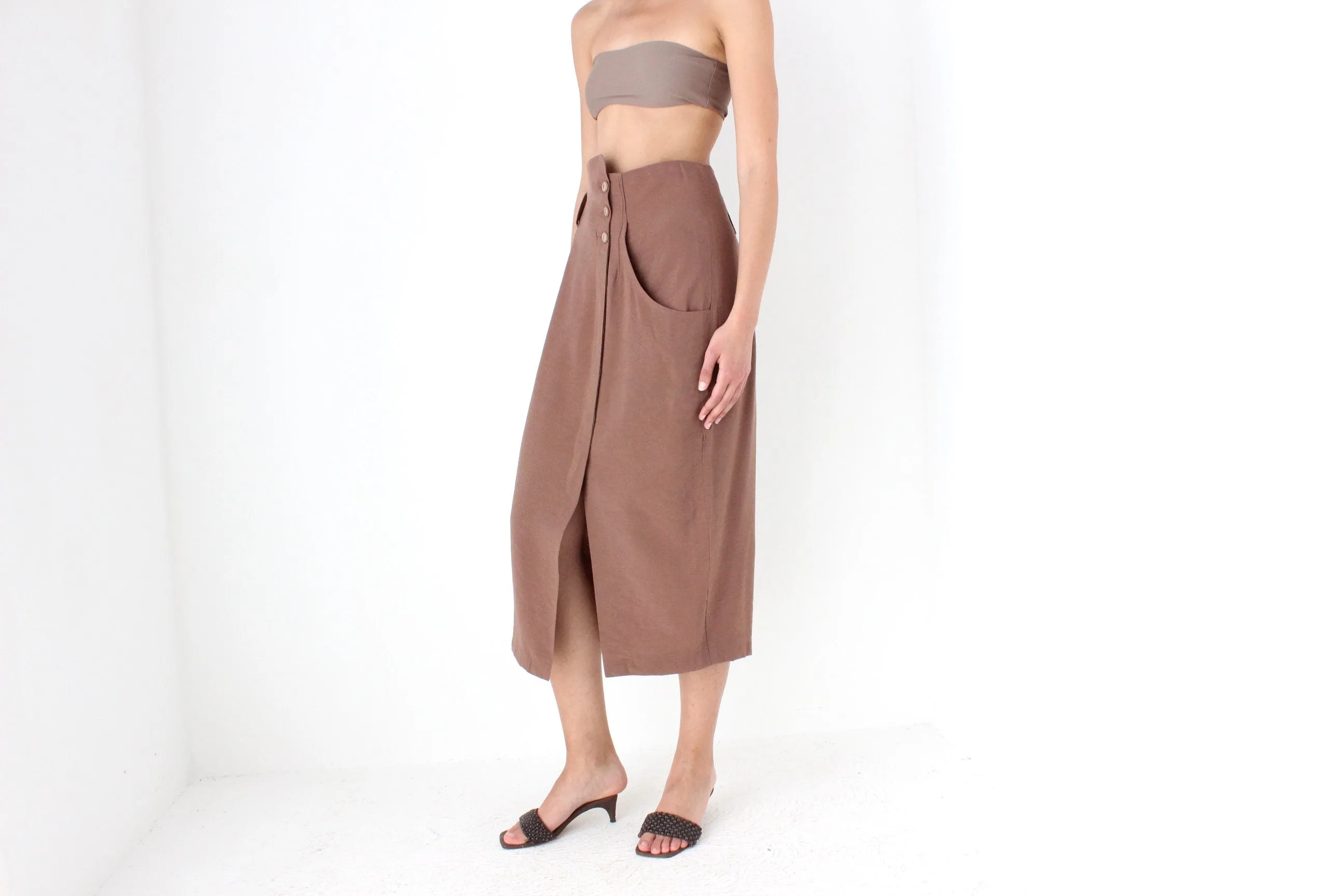 80s Surrealist Asymmetric Linen High Waist Midi Skirt