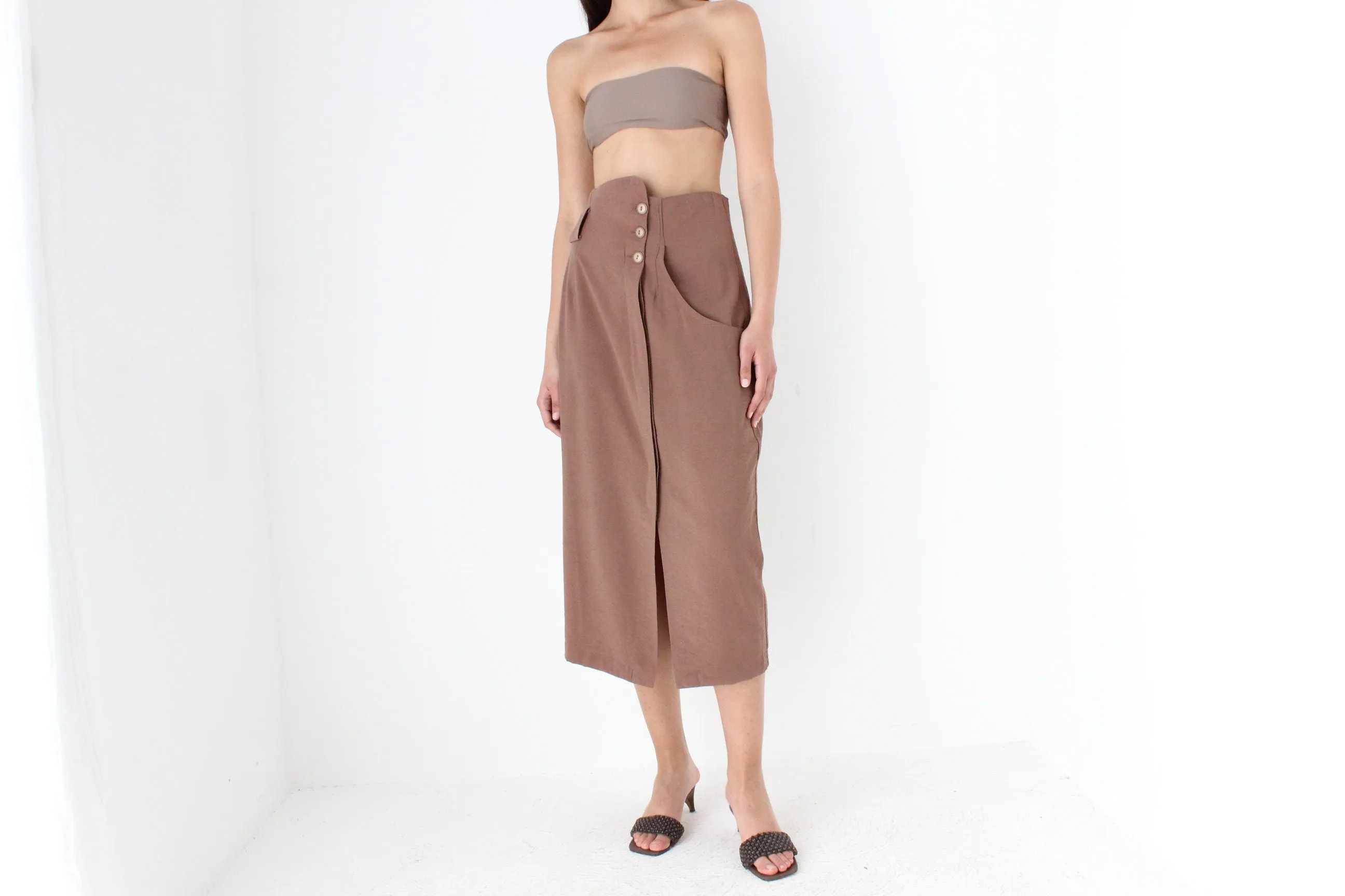 80s Surrealist Asymmetric Linen High Waist Midi Skirt