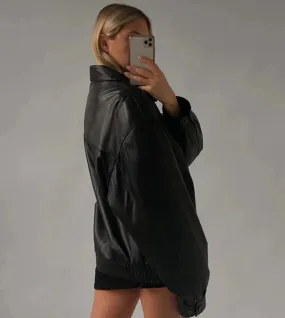 90's Women's Handmade Oversized Real Leather Black Bomber Jacket