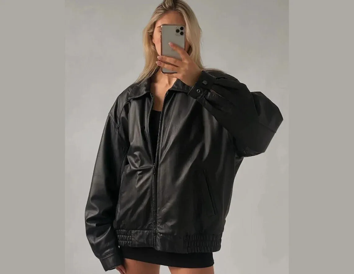 90's Women's Handmade Oversized Real Leather Black Bomber Jacket