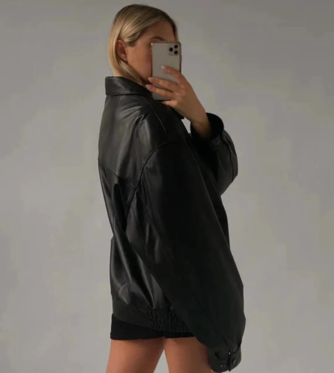 90's Women's Handmade Oversized Real Leather Black Bomber Jacket