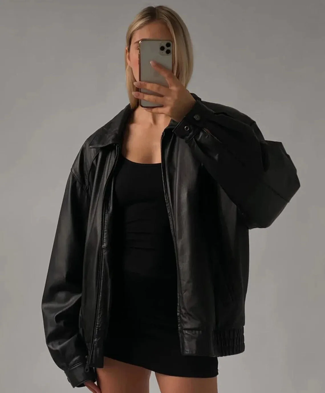 90's Women's Handmade Oversized Real Leather Black Bomber Jacket