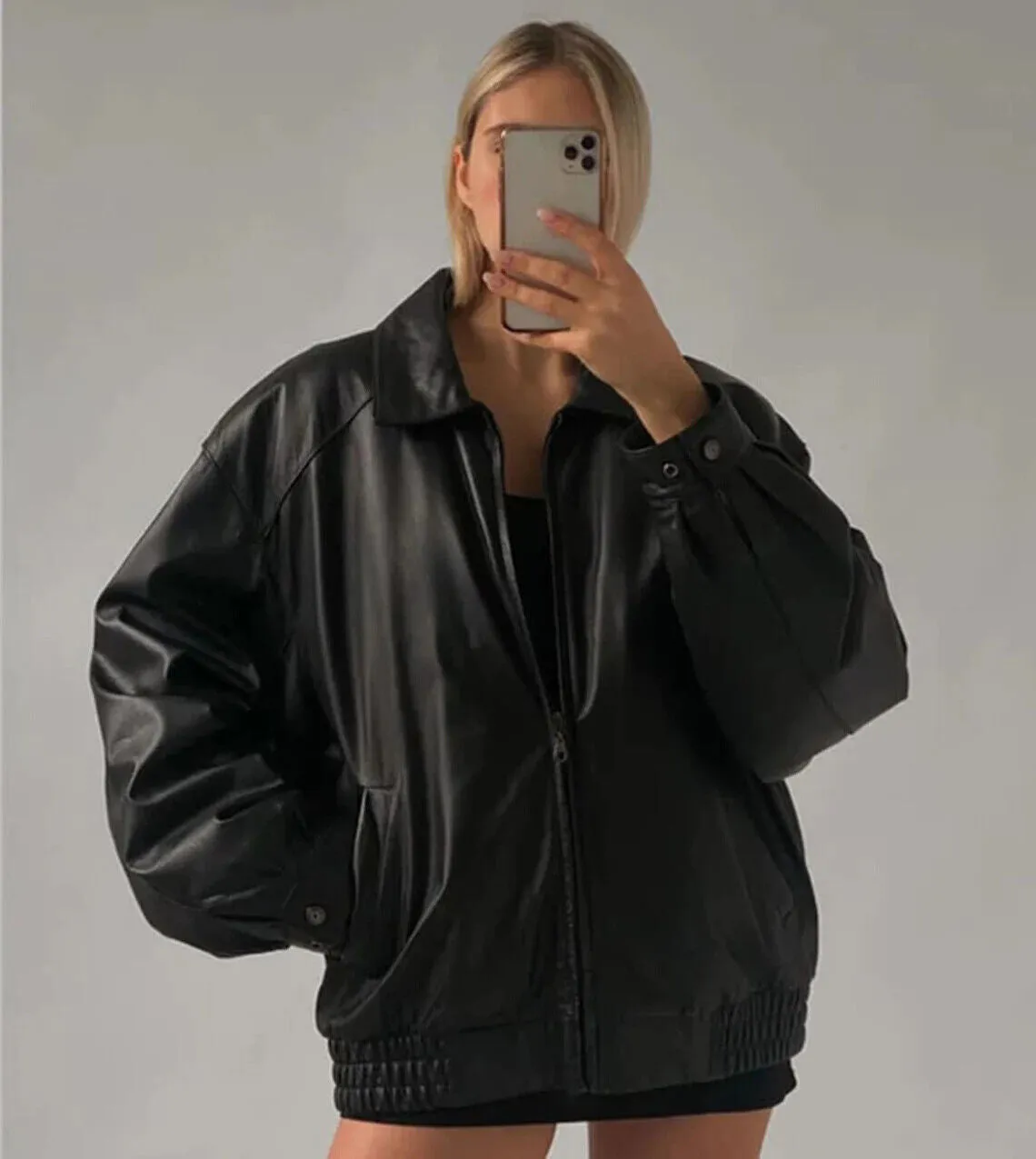 90's Women's Handmade Oversized Real Leather Black Bomber Jacket