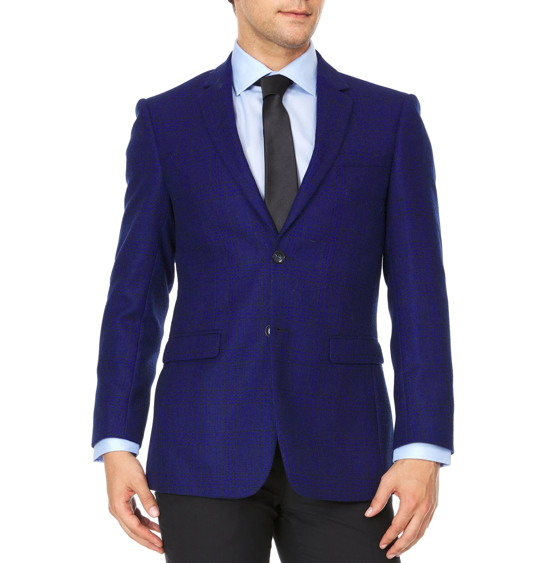 Adam Baker Men's Single Breasted 100% Wool Ultra Slim Fit Blazer/Sport Coat - Blue Plaid