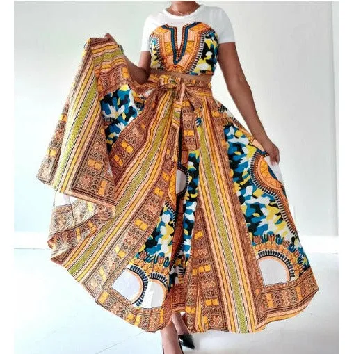 African Dashiki Print Maxi Skirt Free size- STRETCH FITS M TO 2XL