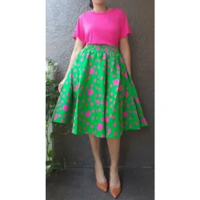 African Print Ankara Mid Length Midi Polka Dot Skirt - Green/Pink