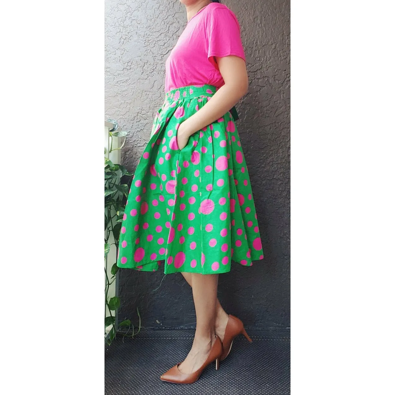 African Print Ankara Mid Length Midi Polka Dot Skirt - Green/Pink