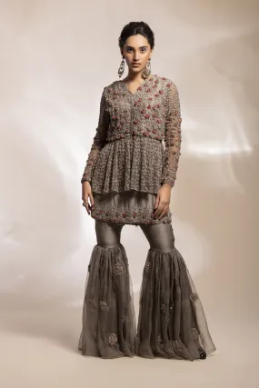 Antique Grey Tulle Peplum Jacket With Embroidered Gharara Ensemble.
