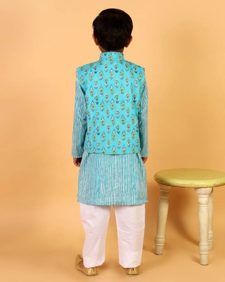 Aquarius Blue Block Print Jacket and Kurta Pajama Set