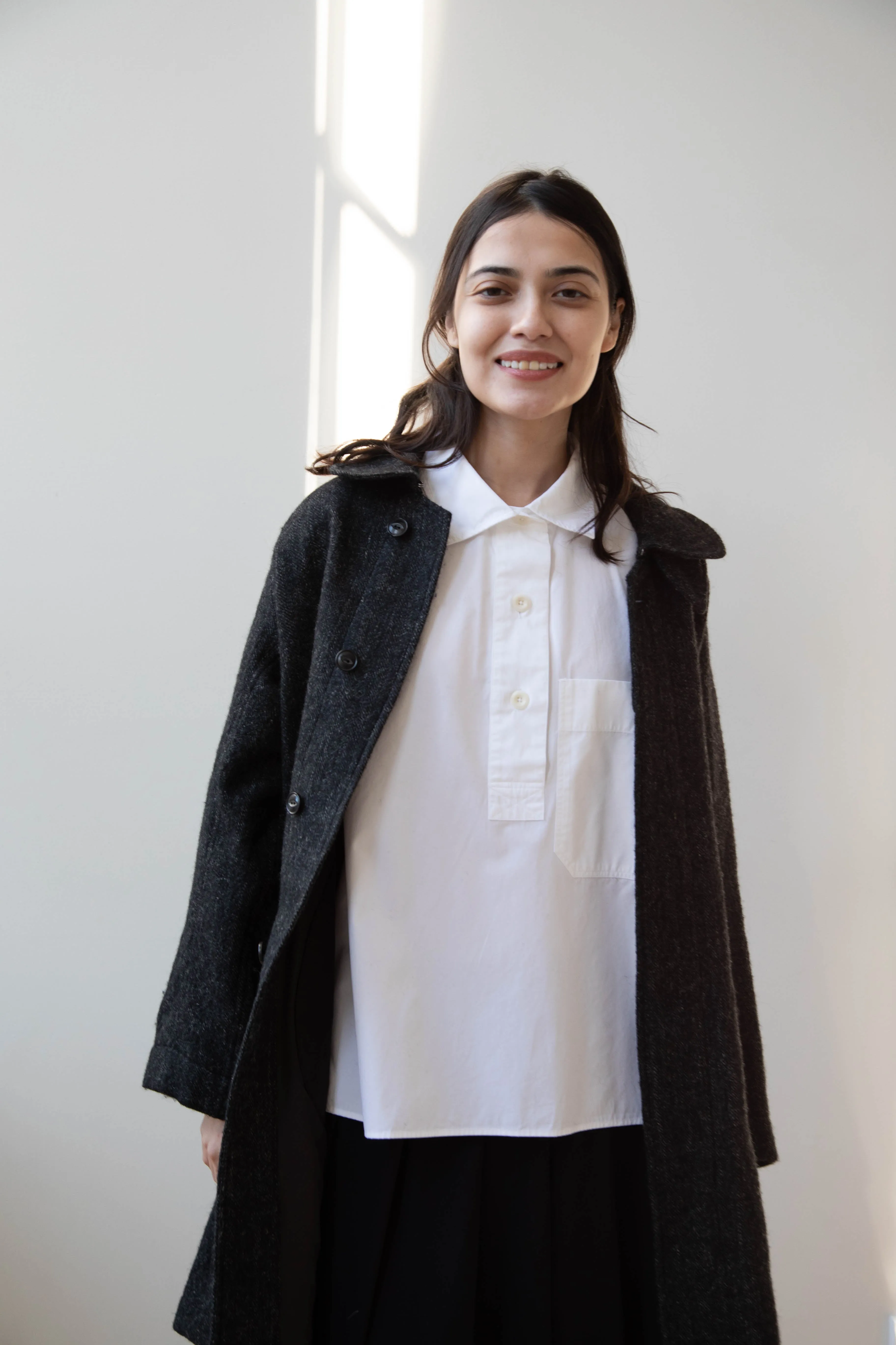 Arts & Science | Balmacaan in Wool Linen Milled Herringbone in Gray