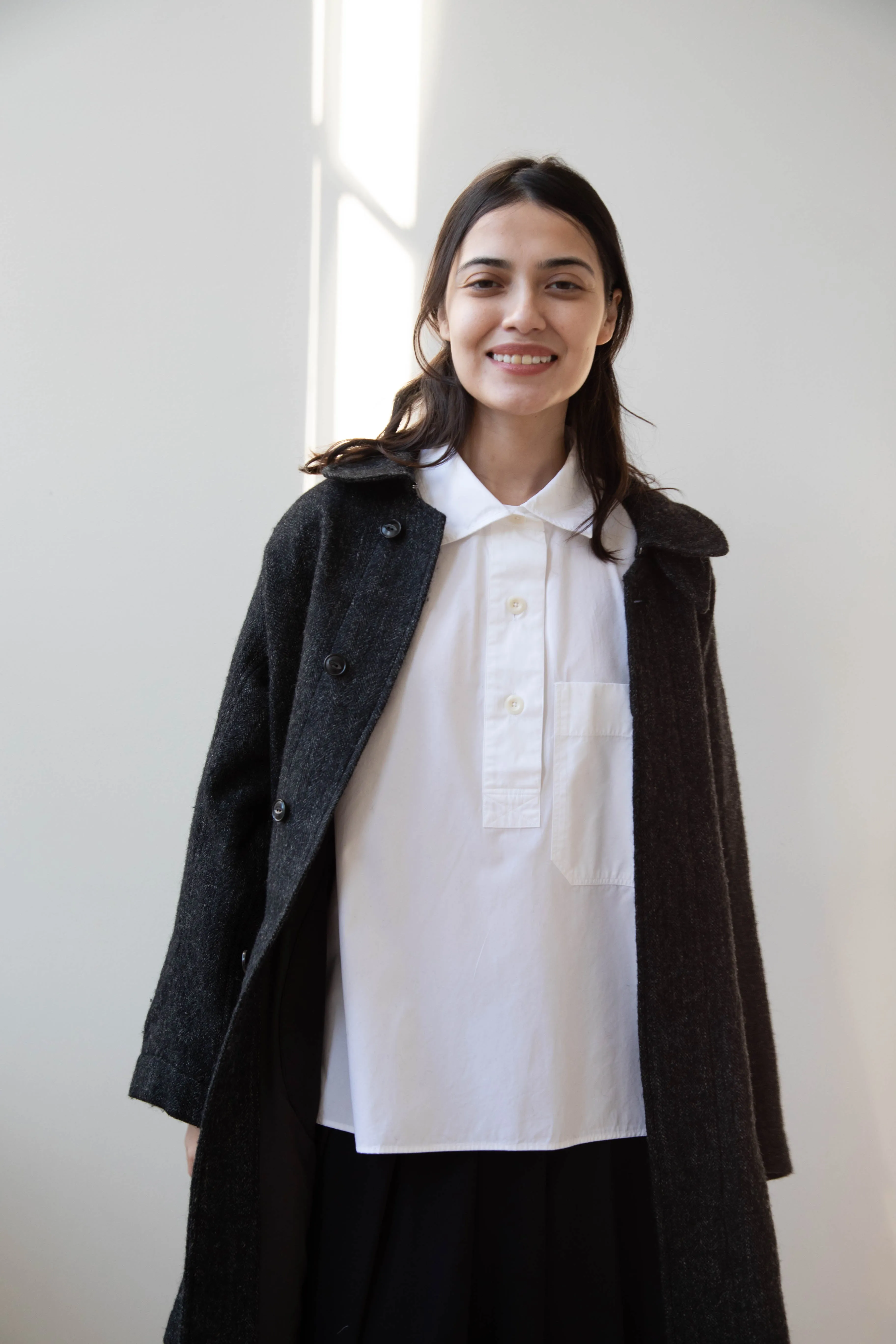 Arts & Science | Balmacaan in Wool Linen Milled Herringbone in Gray