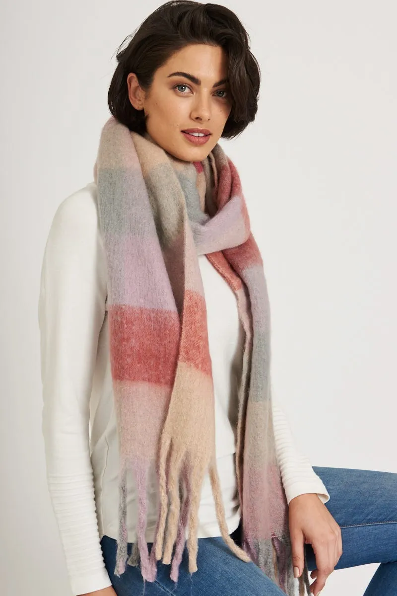 august   delilah Brooklyn Oversized Knit Scarf In Pink And Grey Checkerprint