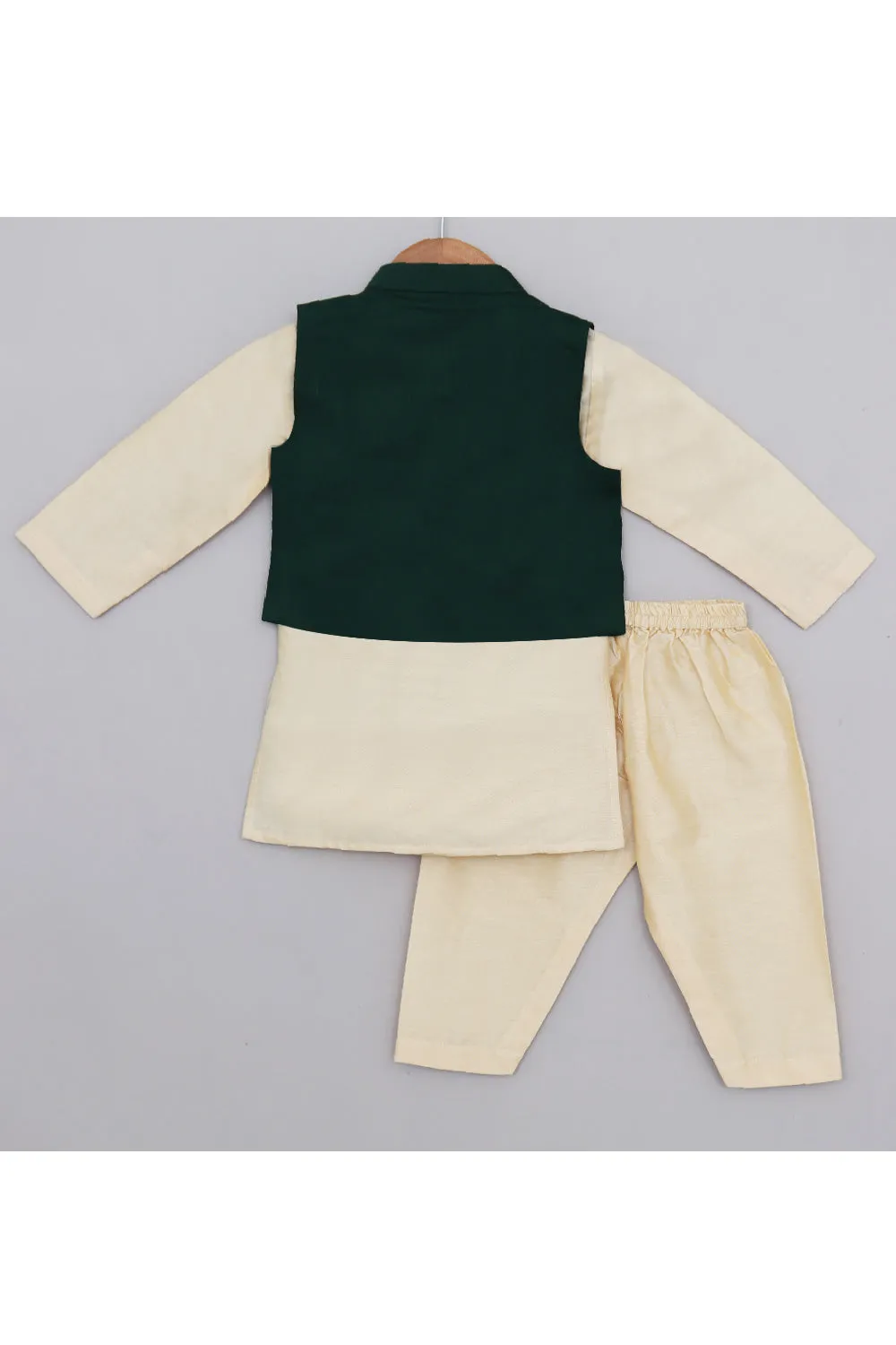 Beige Cotton Silk Kurta With Bottle Green Floral Embroidered Jacket Set