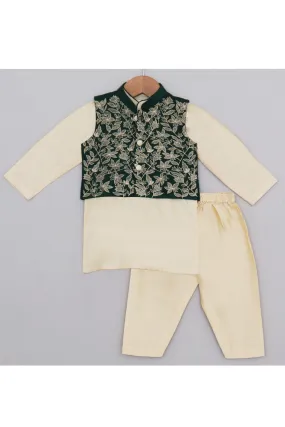 Beige Cotton Silk Kurta With Bottle Green Floral Embroidered Jacket Set