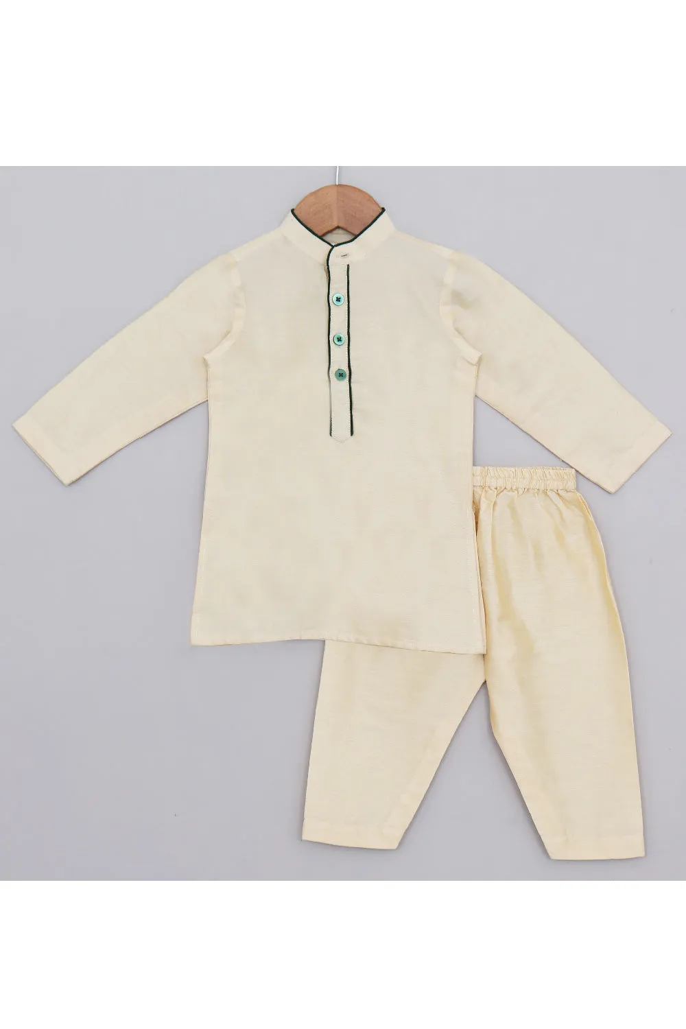 Beige Cotton Silk Kurta With Bottle Green Floral Embroidered Jacket Set