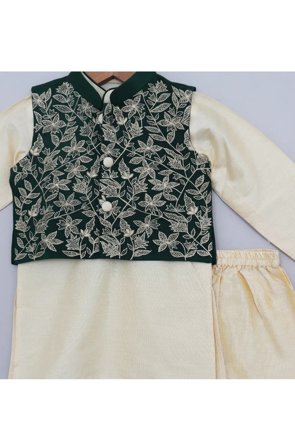 Beige Cotton Silk Kurta With Bottle Green Floral Embroidered Jacket Set