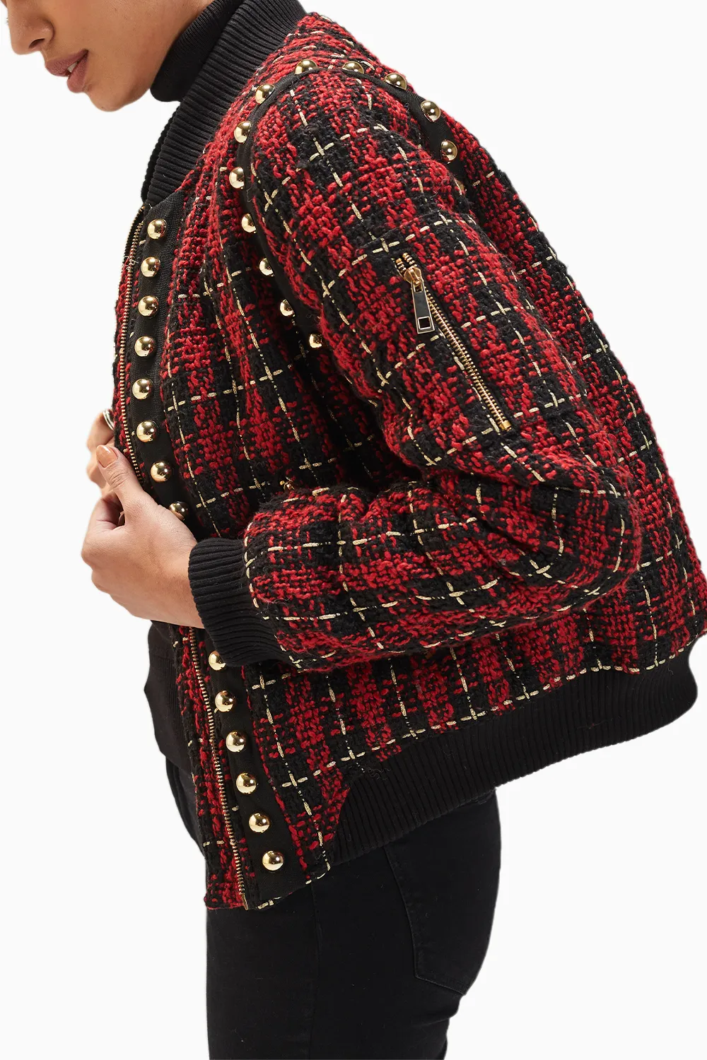 Black & Red Tweed Bomber Jacket