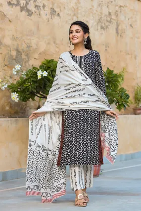 Black Cotton Ethnic Motifs Printed Straight Suit Set