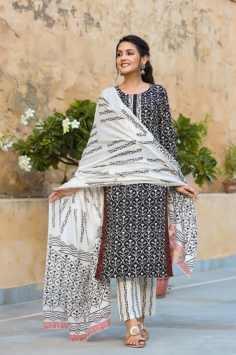 Black Cotton Ethnic Motifs Printed Straight Suit Set