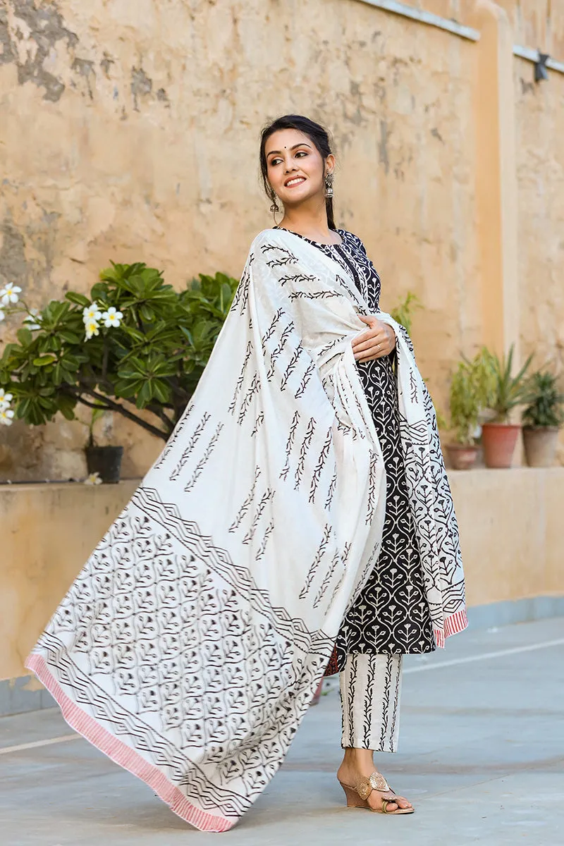 Black Cotton Ethnic Motifs Printed Straight Suit Set