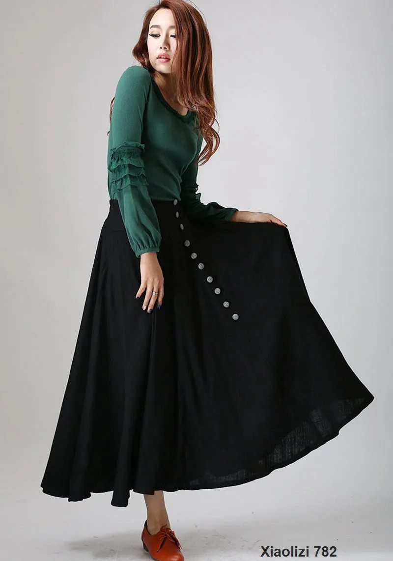 Black linen maxi skirt woman's long skirt with button detail 782#