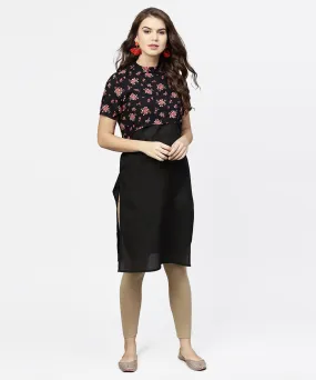 Black Sleeveless Cotton Kurta With Printed Half Sleeve Jacket
