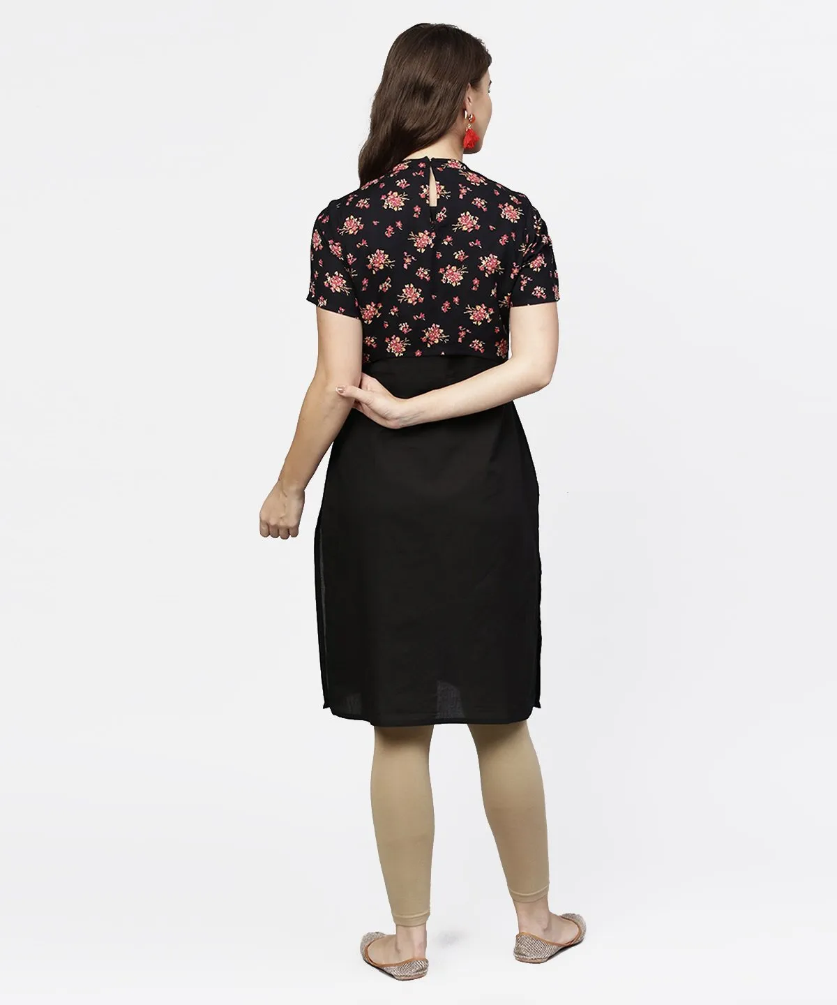 Black Sleeveless Cotton Kurta With Printed Half Sleeve Jacket