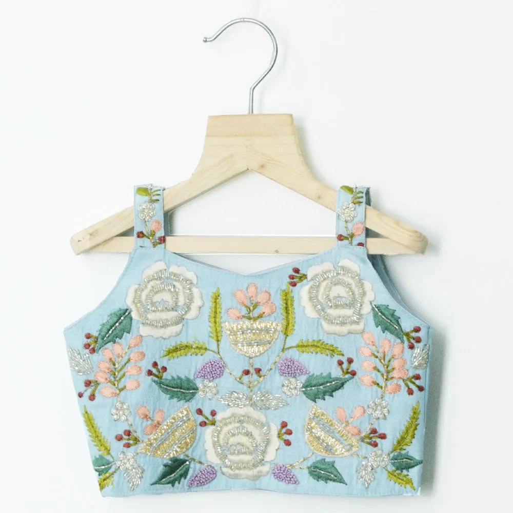 Blue & Pink Embroidered Crop Top With Palazzo & Shrug