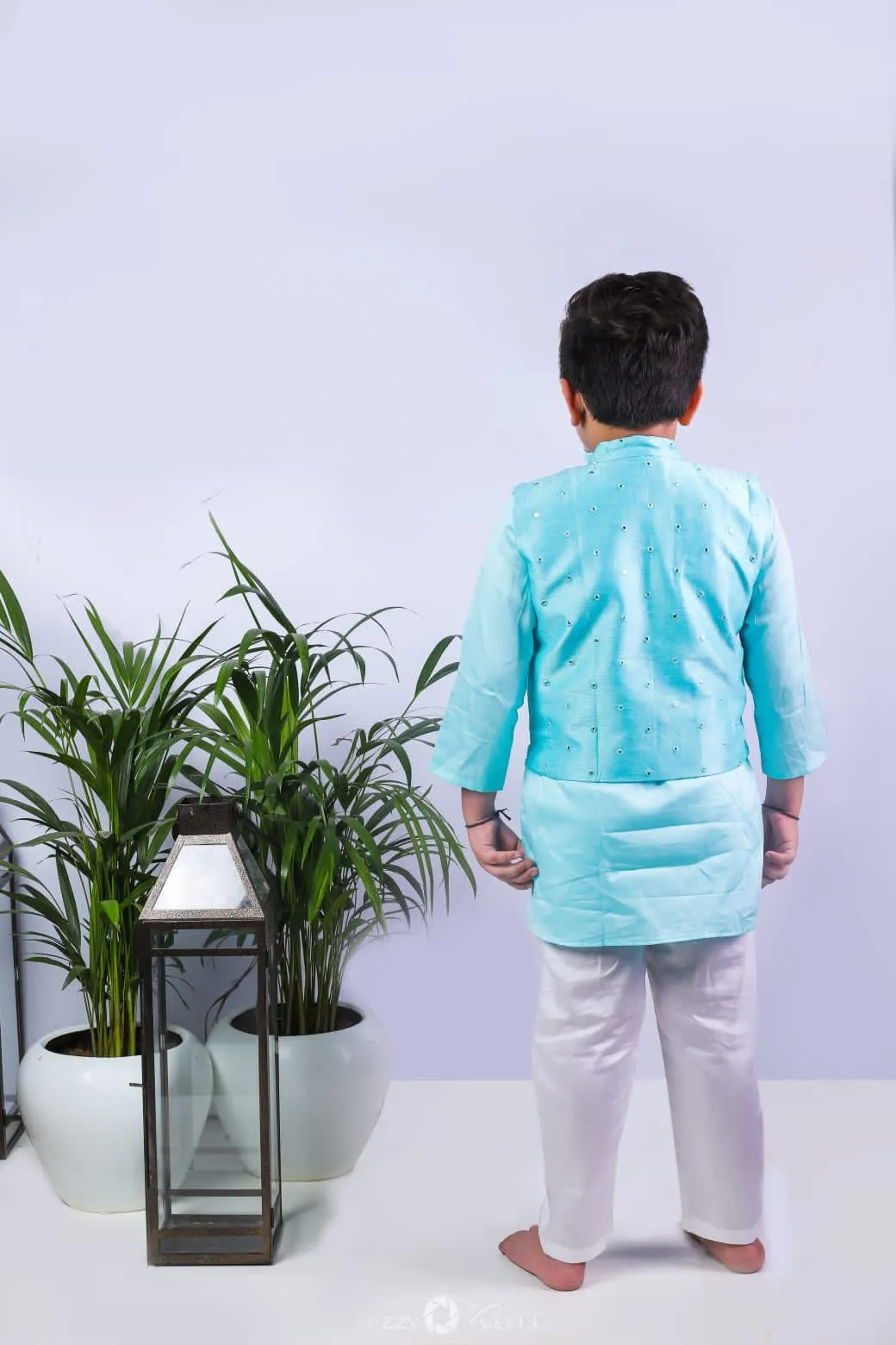 Blue mirror work jacket and kurta with pyjama