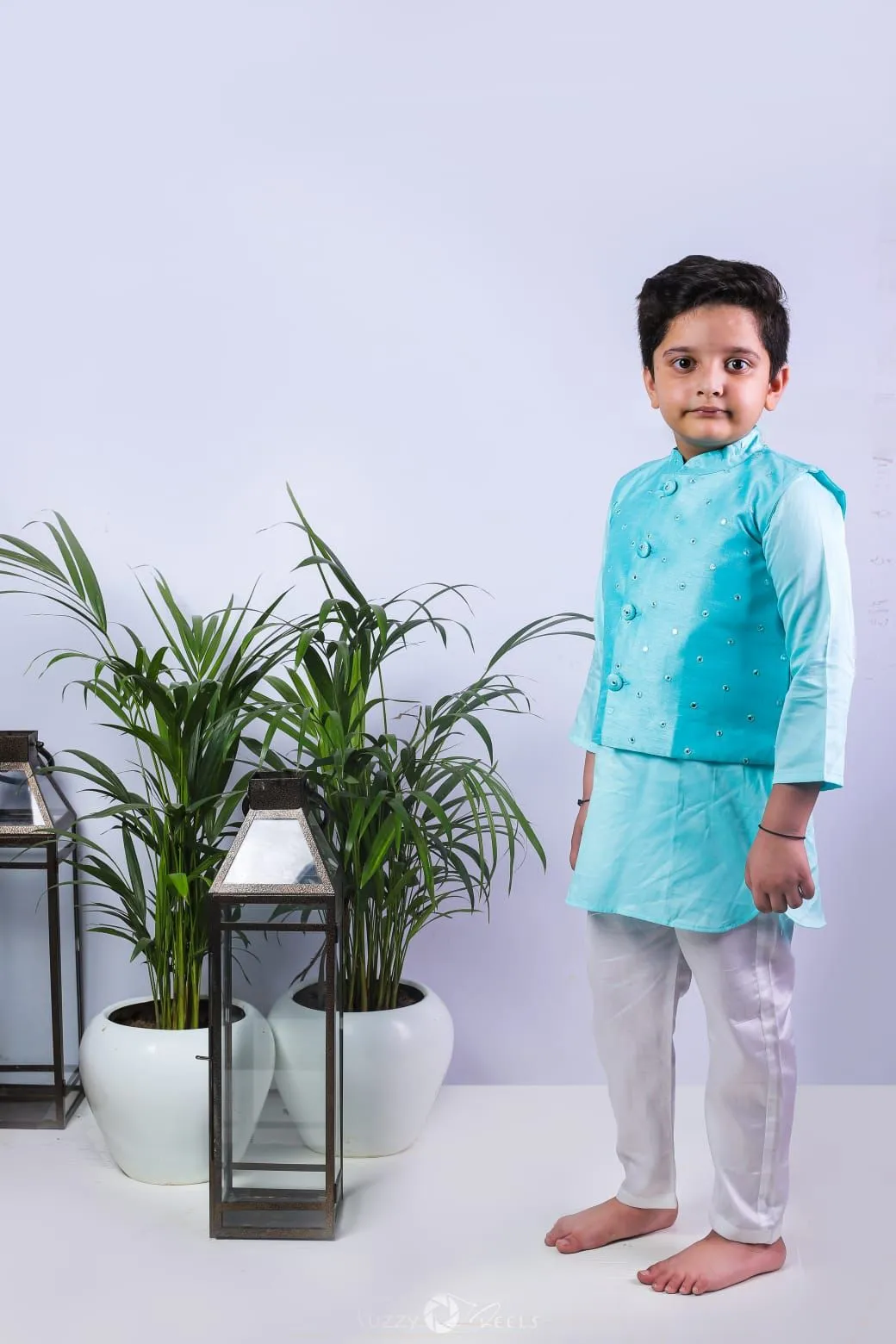 Blue mirror work jacket and kurta with pyjama