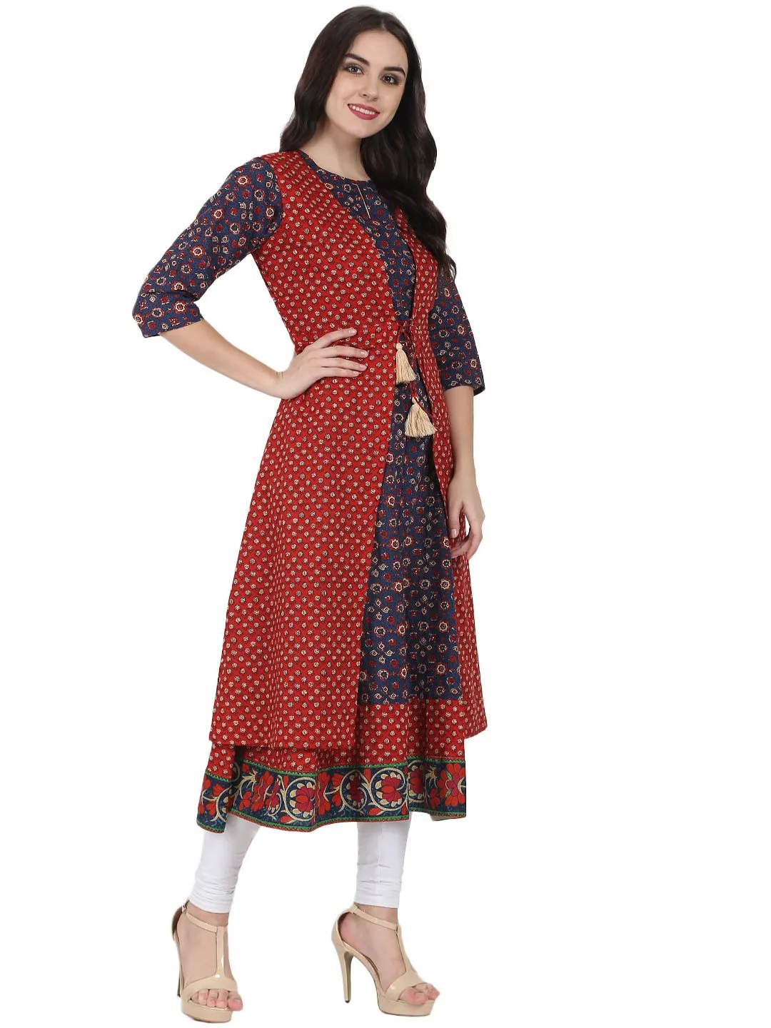 Blue Printed 3/4Th Sleeve Cotton Anarkali Kurta With Red Printed Sleeveless Long Jacket