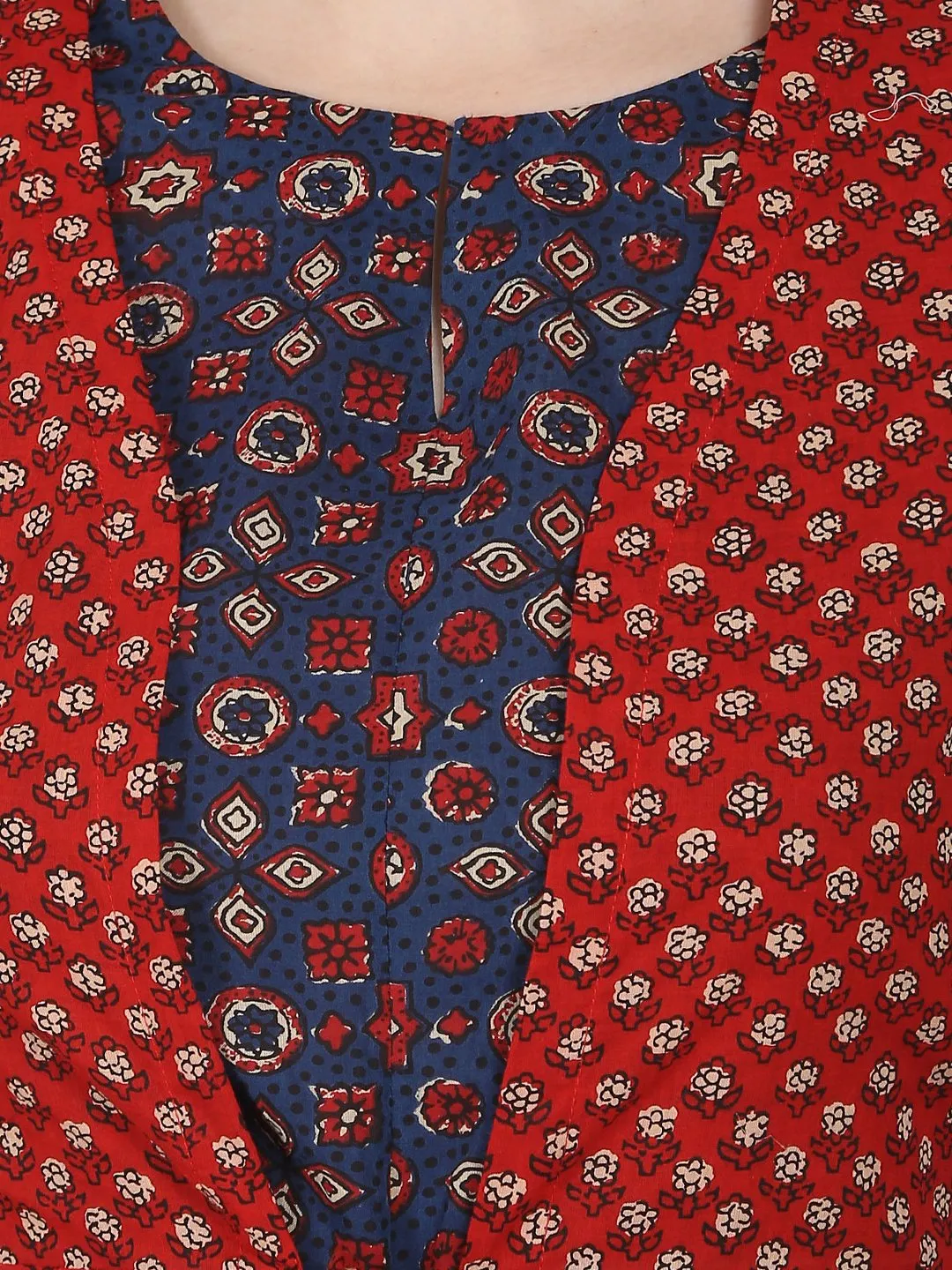 Blue Printed 3/4Th Sleeve Cotton Anarkali Kurta With Red Printed Sleeveless Long Jacket