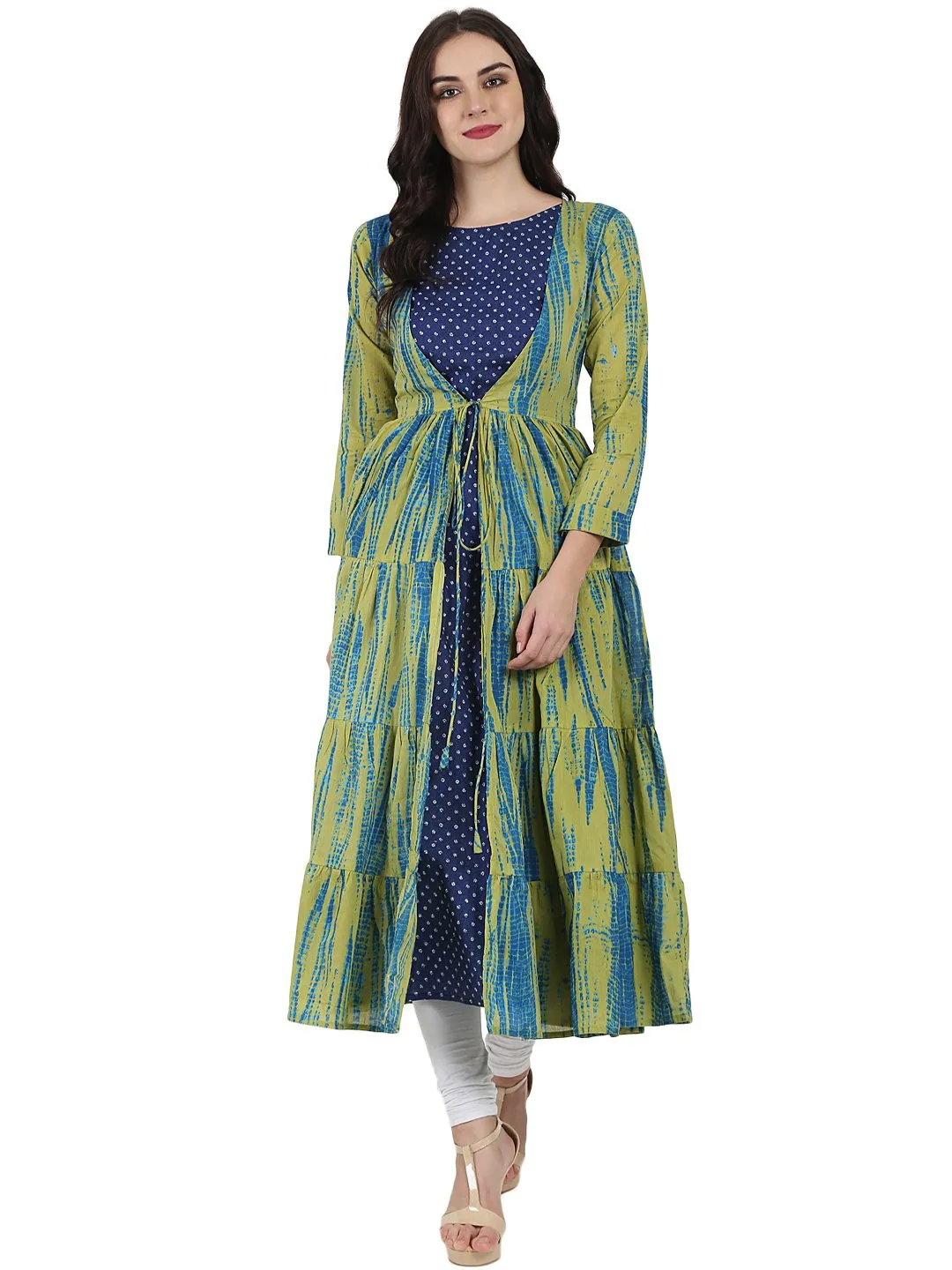 Blue Printed Cotton Kurta With Green Printed Full Sleeve Tiered Anarkali Shape Ankle Length Jacket