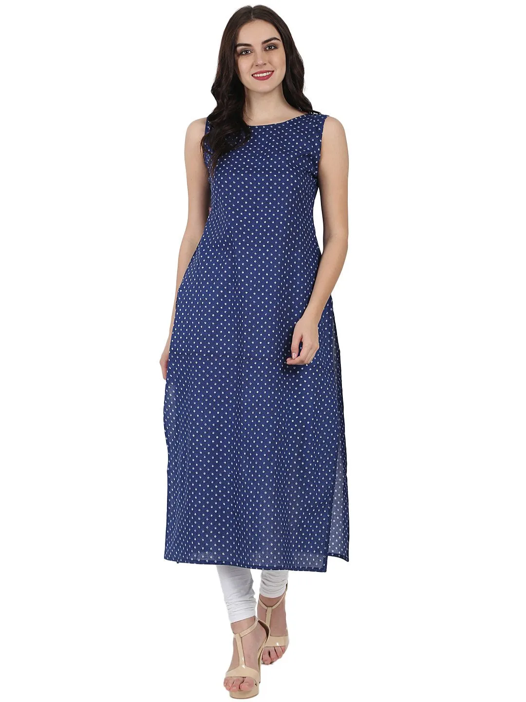 Blue Printed Cotton Kurta With Green Printed Full Sleeve Tiered Anarkali Shape Ankle Length Jacket