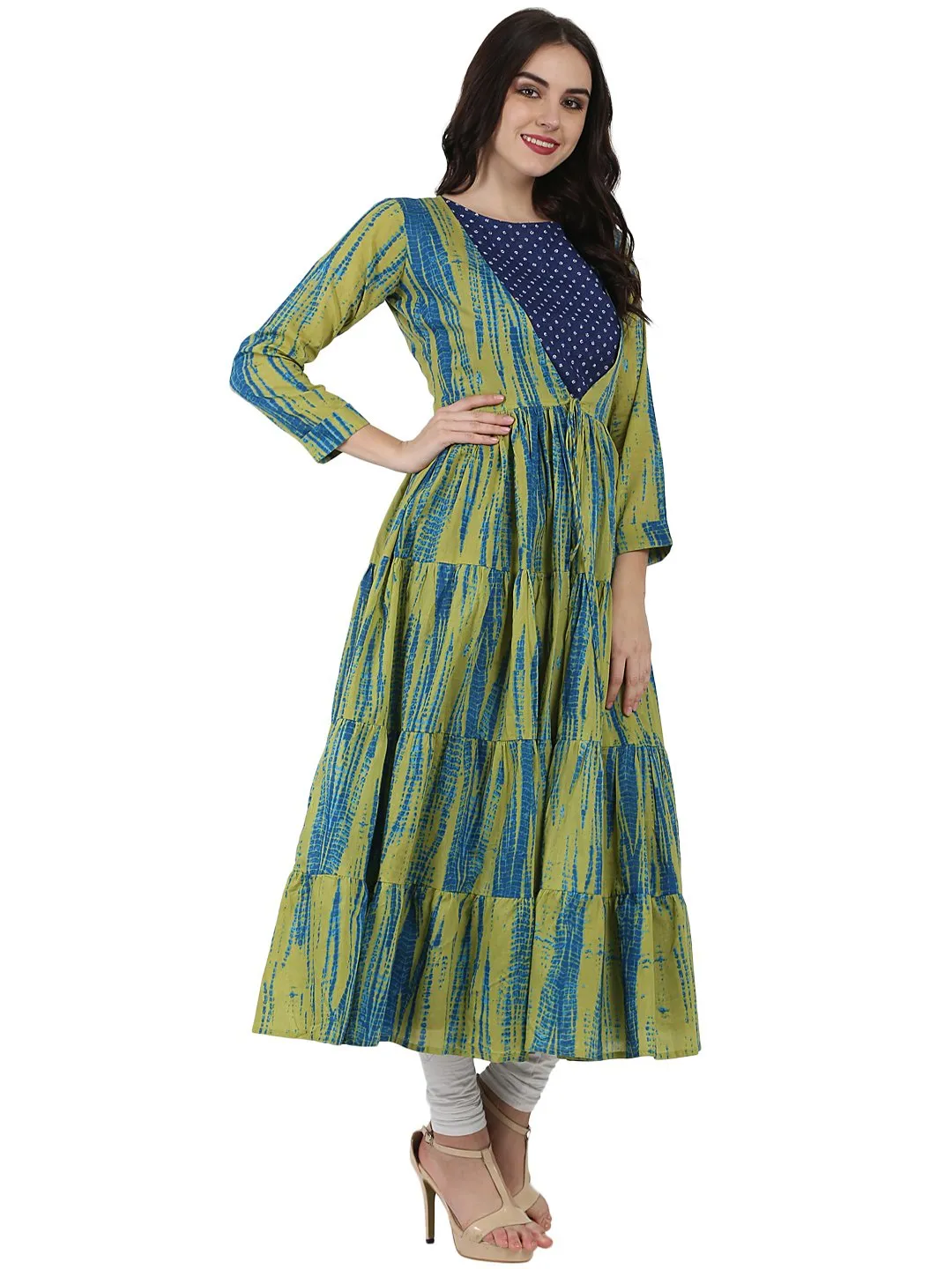 Blue Printed Cotton Kurta With Green Printed Full Sleeve Tiered Anarkali Shape Ankle Length Jacket