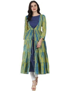 Blue Printed Cotton Kurta With Green Printed Full Sleeve Tiered Anarkali Shape Ankle Length Jacket