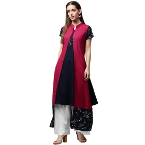 Blue Printed Short Sleeve Crepe A-Line Kurta With Pink Jacket