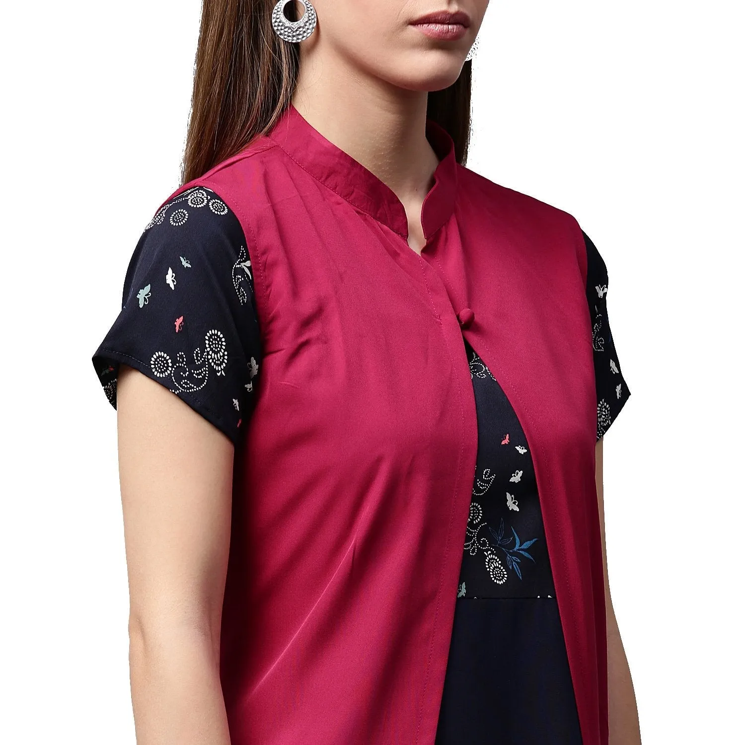Blue Printed Short Sleeve Crepe A-Line Kurta With Pink Jacket