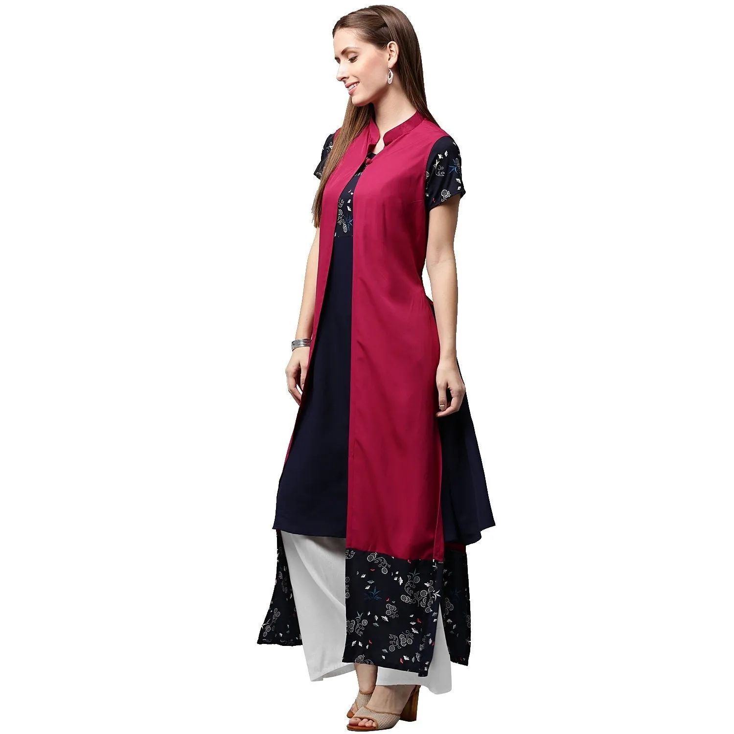 Blue Printed Short Sleeve Crepe A-Line Kurta With Pink Jacket