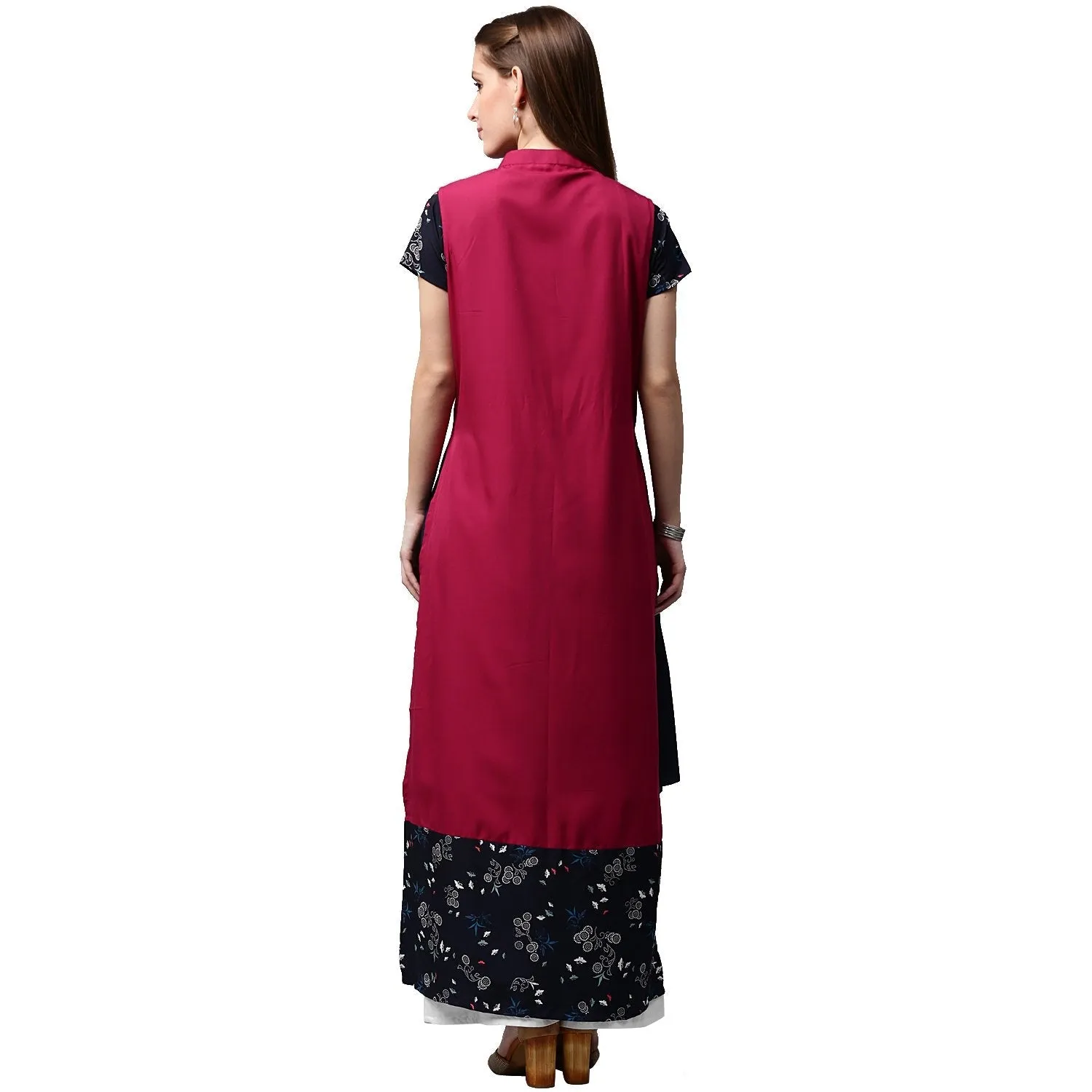 Blue Printed Short Sleeve Crepe A-Line Kurta With Pink Jacket
