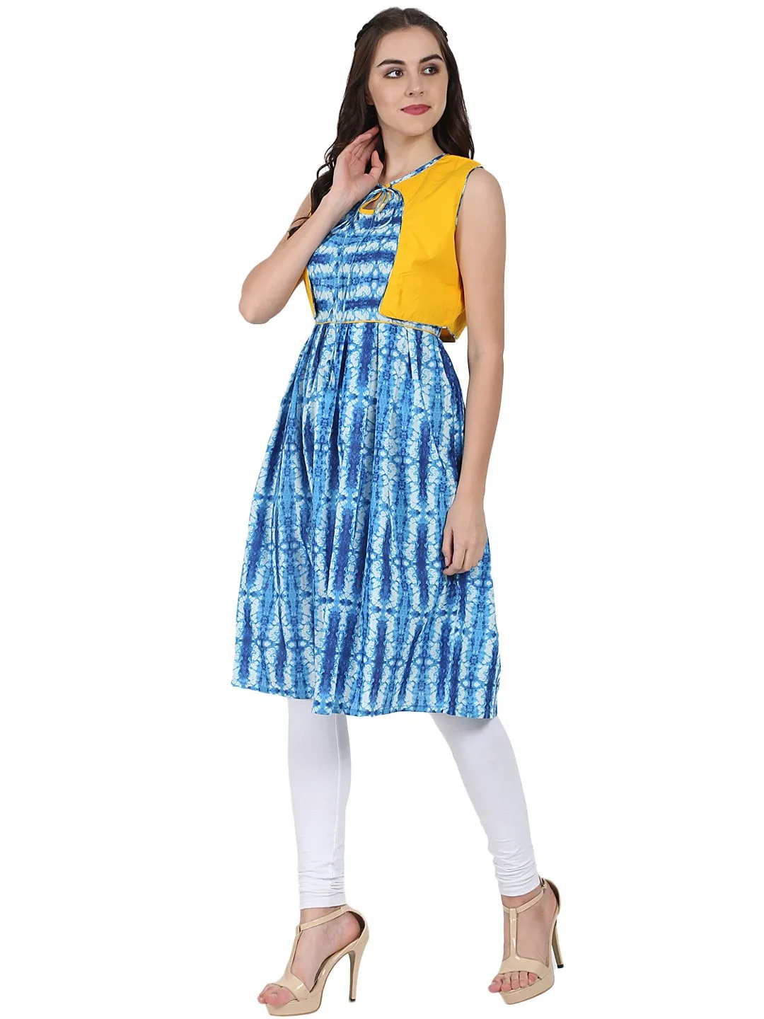 Blue Printed Sleeveless Cotton Anarkali Kurta With Yellow Jacket
