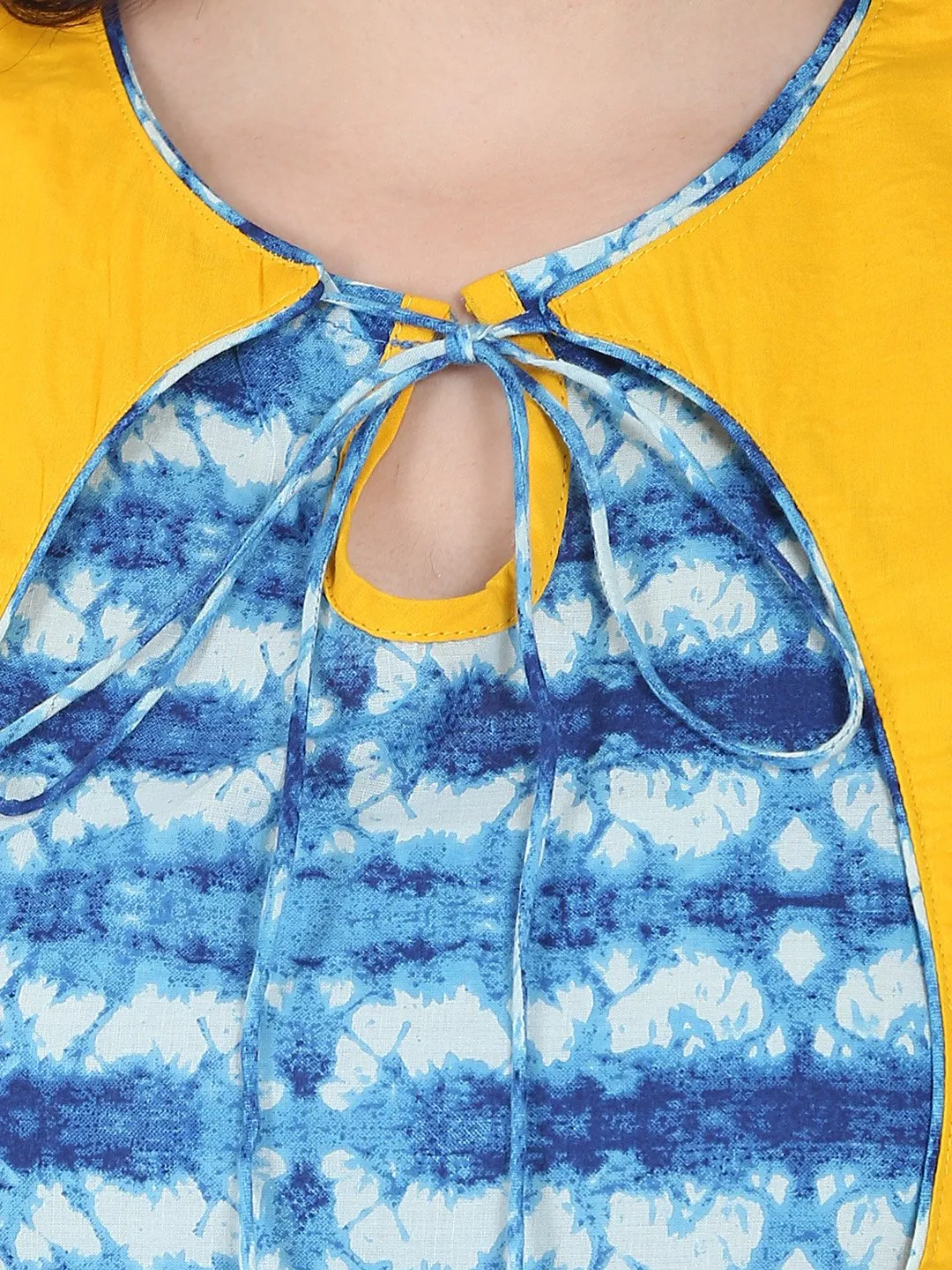Blue Printed Sleeveless Cotton Anarkali Kurta With Yellow Jacket
