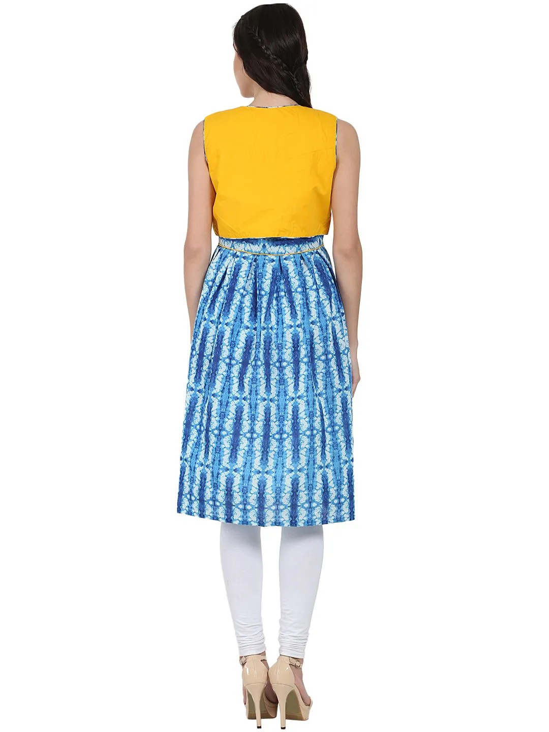 Blue Printed Sleeveless Cotton Anarkali Kurta With Yellow Jacket