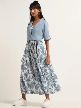 Bombay Paisley Blue Floral Cotton Tiered Dress with Jacket