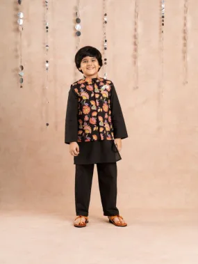 Boy's Black Cotton Jaipuri Print Kurta Pyjama With Jacket Set - Lil Drama